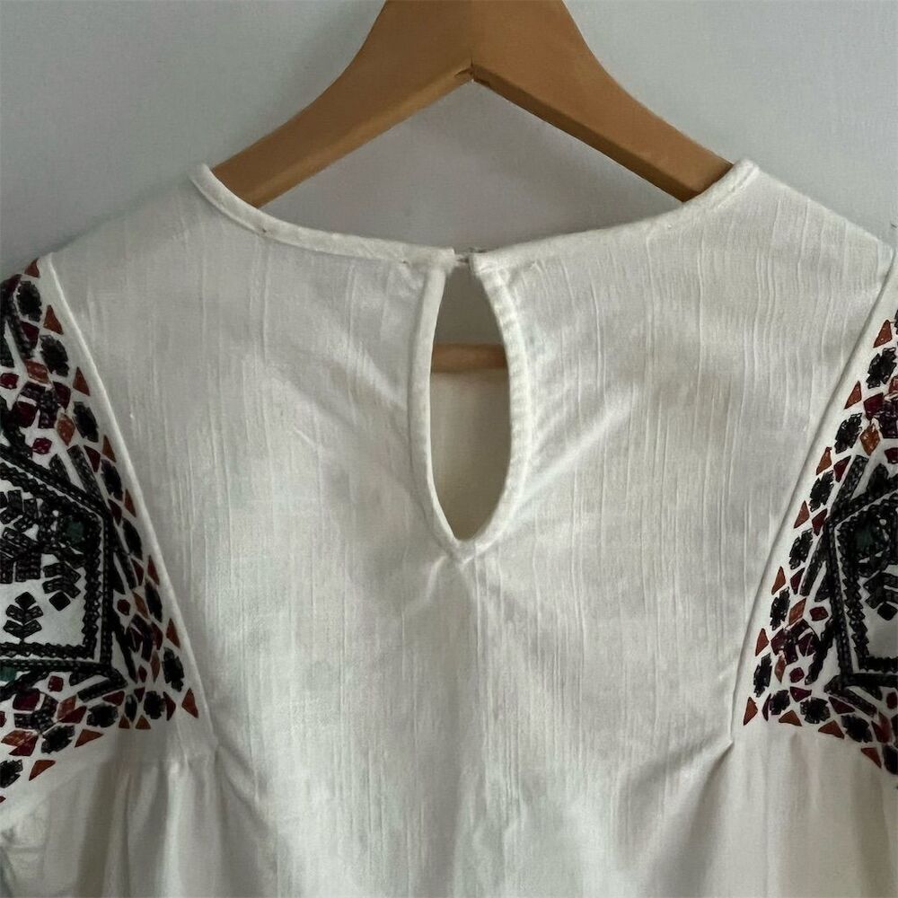 Saks Fifth Avenue Women's Short Sleeve Embroidered Blouse cream Multicolor S/P - Picture 5 of 8